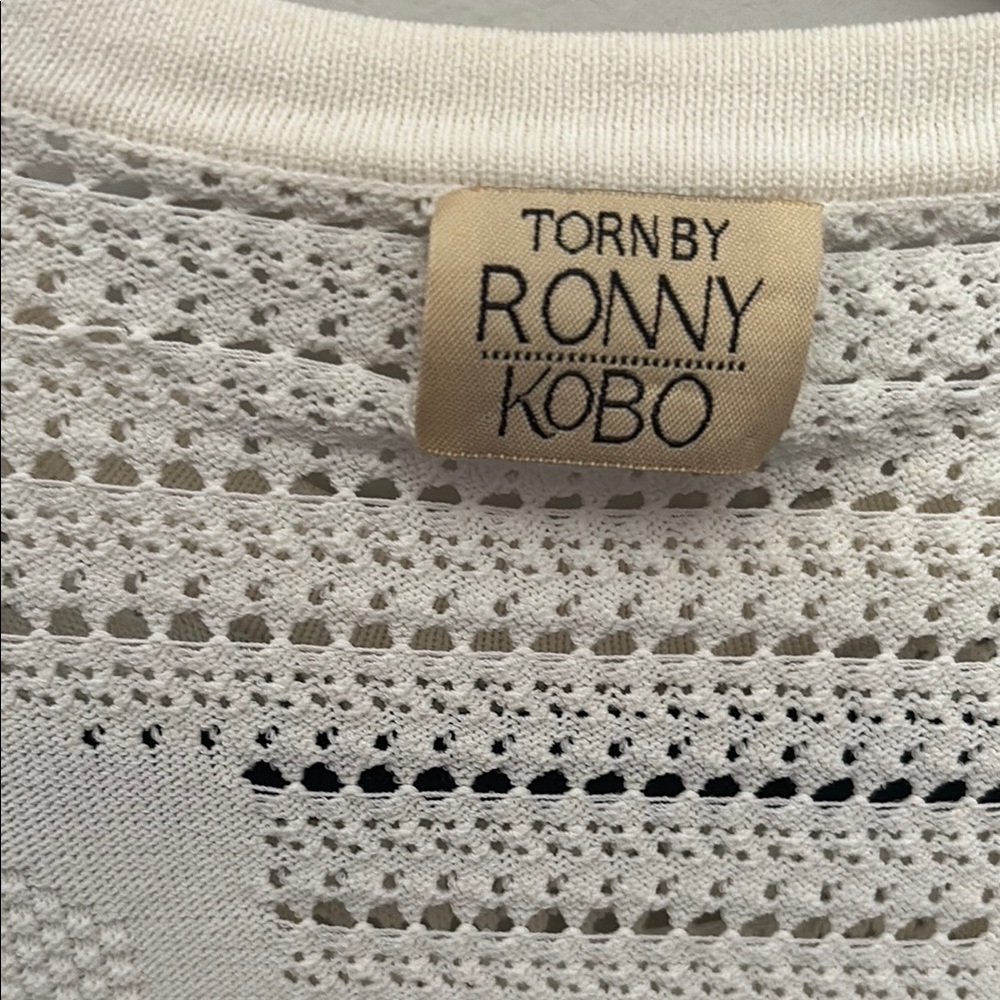 Torn by Ronny Kobo White Intricate Knit Crew Neck Sweater